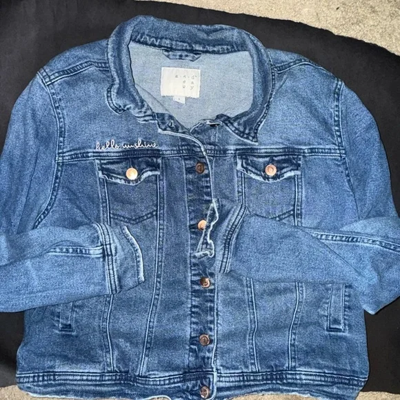 A New Day Hello Sunshine Embroidered Denim Jacket Raw Hem Blue Size L - Picture 6 of 7
